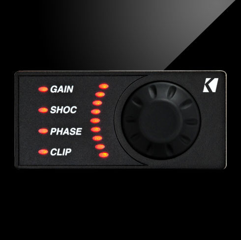 KICKER wireless remote control knob with LED indicators for gain, shock, phase, and clip.