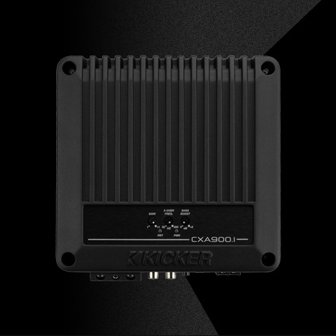 Angled top view of KICKER CXA800.1 car amplifier showing compact chassis and terminal connections.