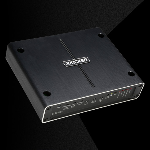 Angled top view of KICKER IQ500.2 amplifier with brushed metal finish and front control panel.