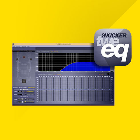KICKER TWEEQ tuning software interface with EQ and crossover controls, shown with TWEEQ logo.