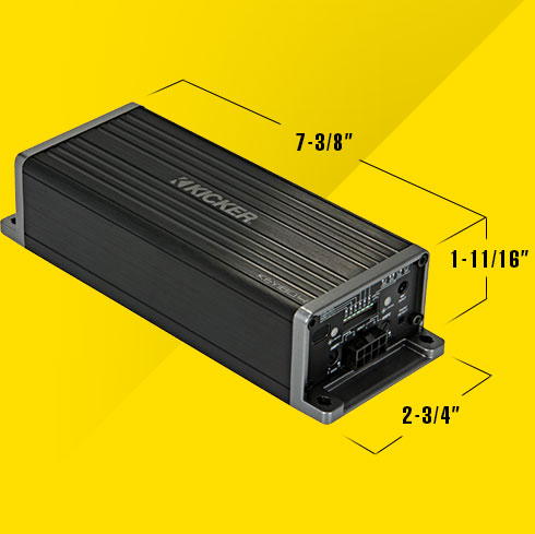 KICKER KEY2004ISO amplifier with labeled dimensions: 7 3/8 inches long, 2 3/4 inches wide, and 1 11/16 inches tall.