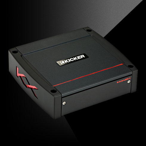 Angled view of KICKER KXA400.1 amplifier with black housing, red accent line, and side KX logo.