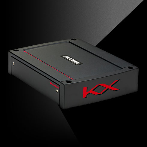 Angled view of KICKER KXA400.2 amplifier with black housing, red accent line, and side KX logo.