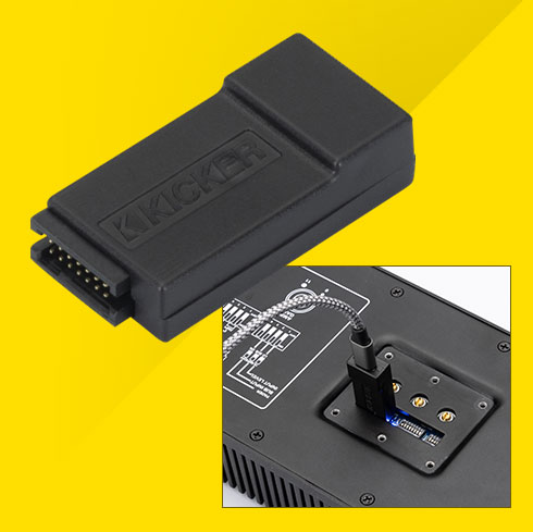 KICKER PXAPT DSP adapter with close-up of connection port on PXA amp for tuning via KICKER Powersports Tune software.