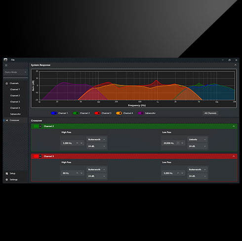 Screenshot of KICKER Powersports Tune software showing EQ curves and crossover settings for multiple amplifier channels.