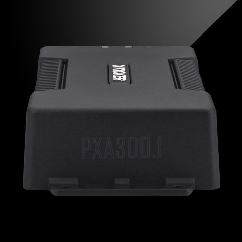 KICKER PXA300.1 amplifier with rugged black enclosure and logo visible on top.