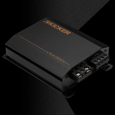 KICKER VXA350.1 amplifier with rugged black enclosure and logo visible on top.