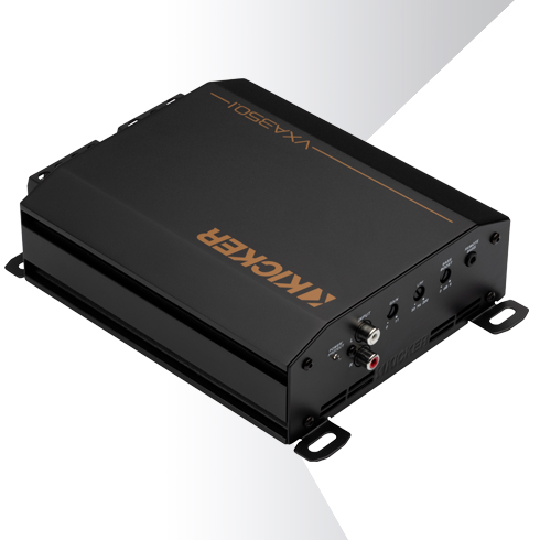 Angled top view of KICKER VXA car amplifier showing compact design and side terminal connections.