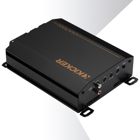 Angled top view of KICKER VXA car amplifier showing compact design and side terminal connections.