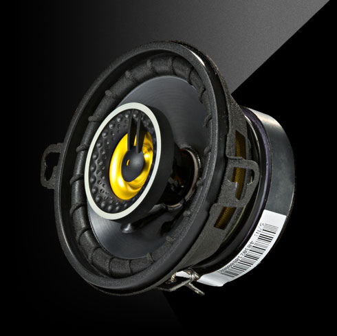 KICKER CS-Series 3.5-inch coaxial speaker with yellow tweeter and black cone.
