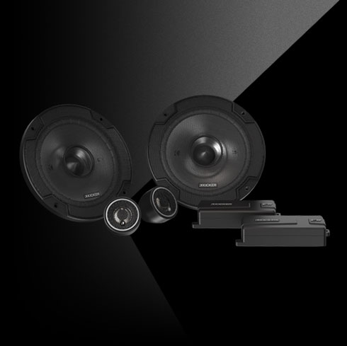 KICKER CS-Series 6.5-inch component speakers with crossovers, tweeters shown.