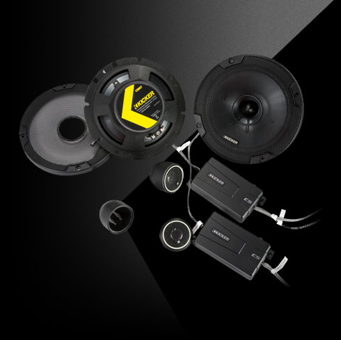 KICKER CS-Series 6-3/4-inch component speakers with crossovers, tweeters, and grilles shown.