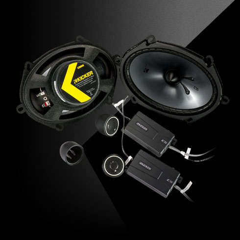 KICKER CS-Series 6x8-inch component speakers with crossovers, tweeters shown.