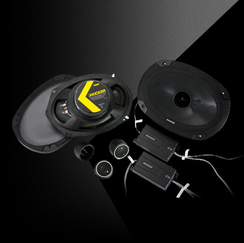 KICKER CS-Series 6x9-inch component speakers with crossovers, tweeters, and grilles shown.