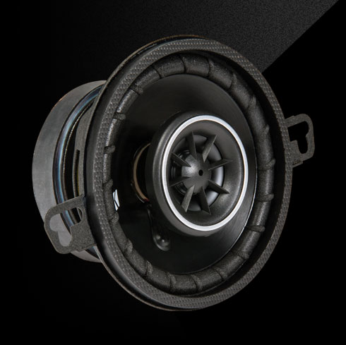 KICKER DS 3.5-inch coaxial speaker with black cone, silver-ringed tweeter, and compact frame.