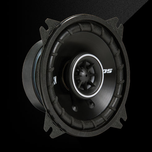 KICKER DS 4-inch coaxial car speaker with black cone and silver tweeter ring.