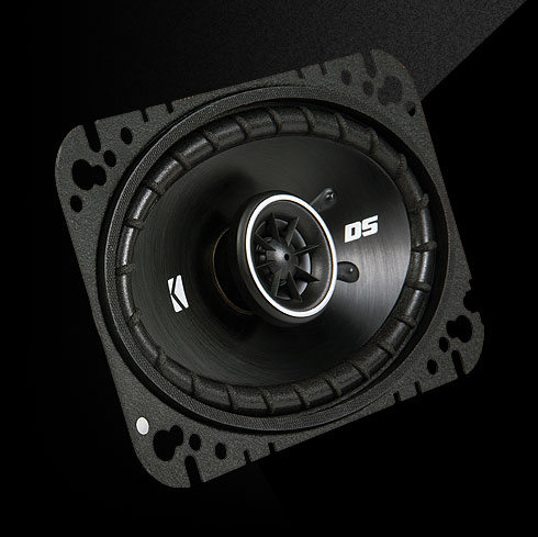 KICKER DS Series 4x6-inch coaxial speaker with black cone and silver-accented tweeter.