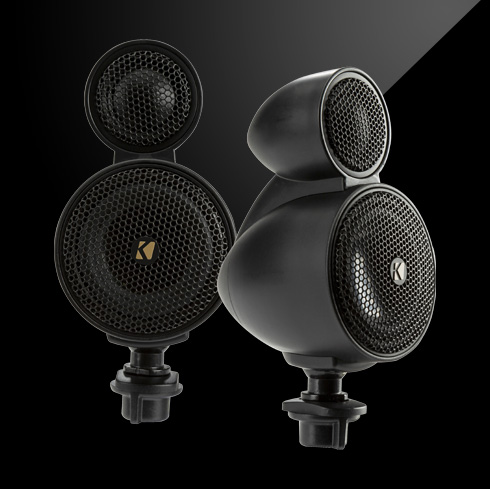 Pair of KICKER KSMT2504 dual-pod speakers with 2.5-inch midrange and 1-inch silk-dome tweeter in black enclosures.