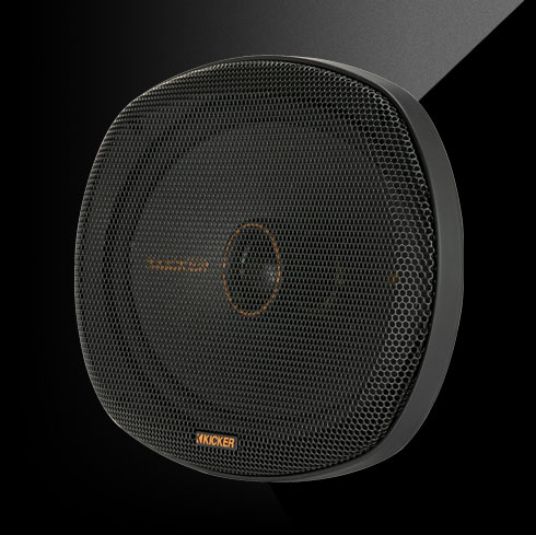 KICKER KS-Series KSC690 6x9-inch coaxial speaker with grille, silk-dome tweeter, and thin-mount design.