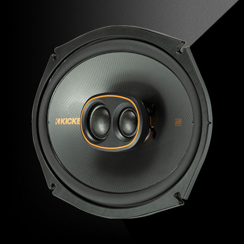KICKER KSC6930 3-Way Speaker with polypropylene woofer, silk-dome tweeters, and thin-mount design.