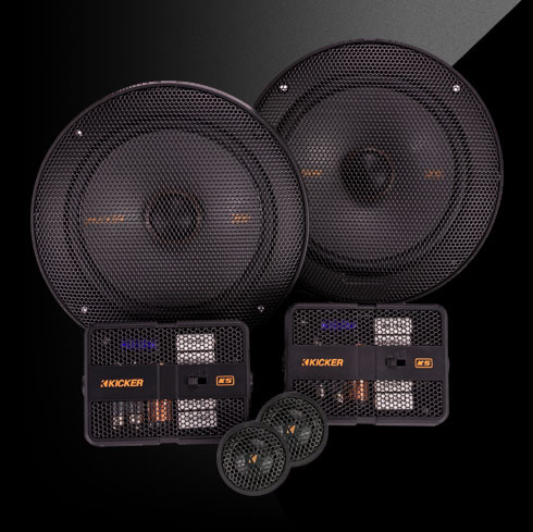 KICKER KS-Series component speaker system with two mids, two tweeters, and compact crossover networks.
