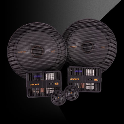 KICKER KS-Series component speaker system with two mids, two tweeters, and compact crossover networks.