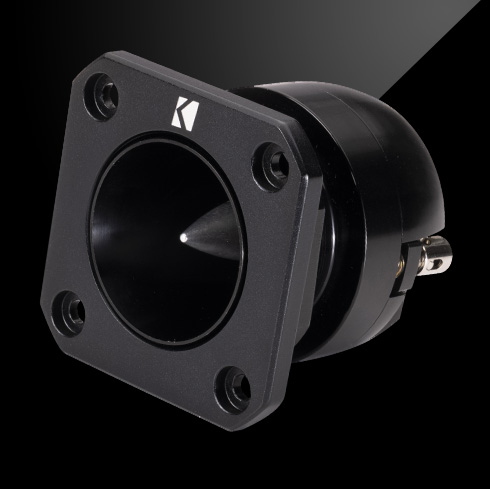 Angled view of KICKER ST-Series bullet tweeter with black square mounting plate and silver center dome