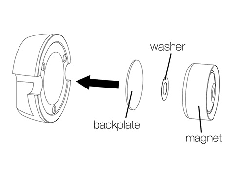 49ST4TW Line drawing of speaker components showing backplate, washer, and magnet separated in an exploded view diagram.