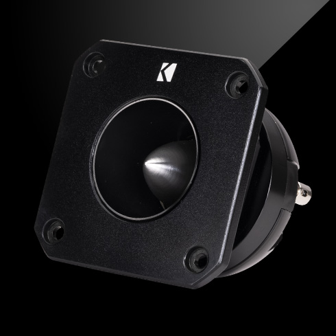 Angled view of KICKER ST-Series bullet tweeter with black square mounting plate and silver center dome