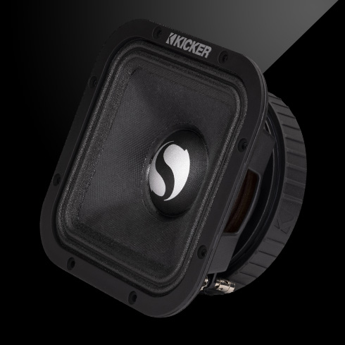 Angled view of KICKER ST-Series square midrange speaker with black frame and silver logo.