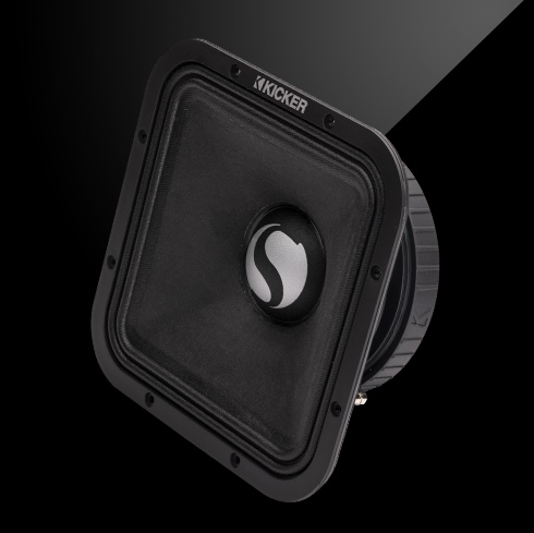 Angled view of KICKER ST-Series square midrange speaker with black frame and silver logo.