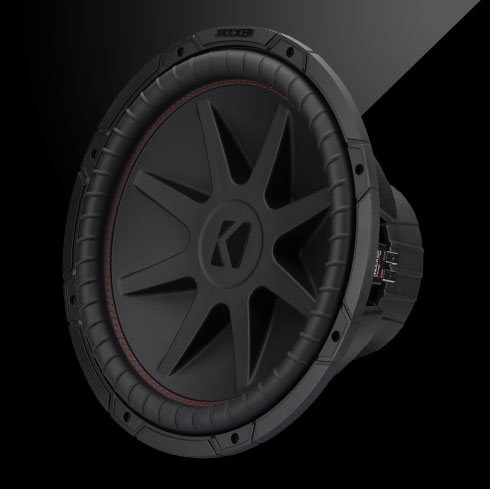 Three-quarter view of 15 inch CompVR subwoofer showing the front and the right side.