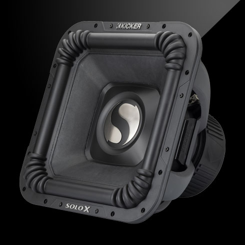 KICKER SoloX subwoofer with square cone design, built for ultra-deep bass and high-volume performance.