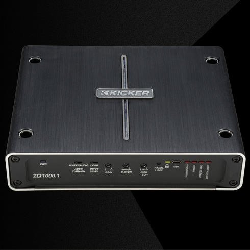 Top view of KICKER IQ1000.1 amplifier with brushed metal finish and front control panel.