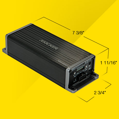 KICKER KEY amplifier with labeled dimensions: 7 3/8 inches long, 2 3/4 inches wide, and 1 11/16 inches tall.