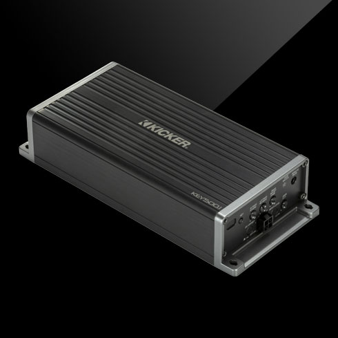 KICKER KEY500.1 compact black car amplifier with ribbed casing and front-facing controls.