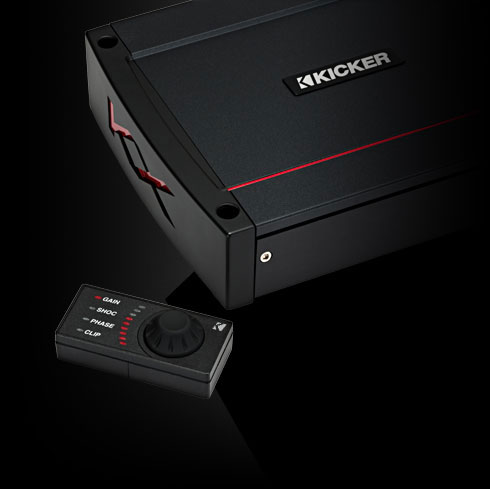KICKER KX amplifier with red accent lines shown alongside wireless remote control knob with LED indicators.