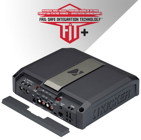 Angled view of LX amplifier showing removable panel.  FIT+ (Fail-safe Integration Technology-PLUS) Logo.
