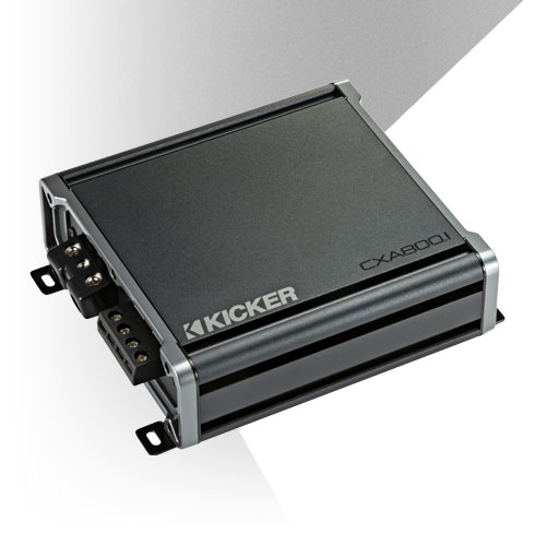 Angled top view of KICKER CXA800.1 car amplifier showing compact design and side terminal connections.