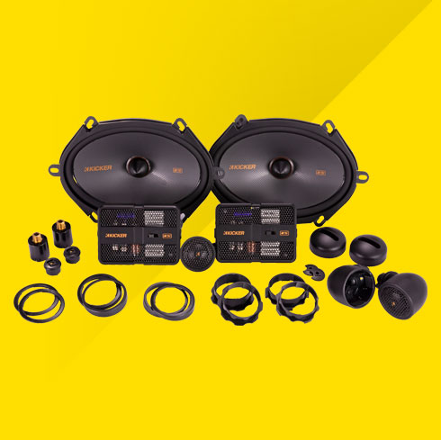 KICKER KS-Series component speaker kit with woofers, tweeters, crossovers, and multiple mounting accessories.