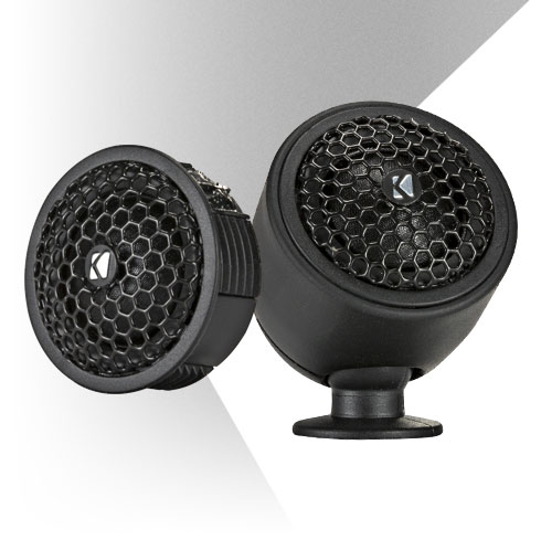 Pair of KICKER KS-Series silk-dome tweeters with honeycomb grilles, shown in angled and surface-mount pods.