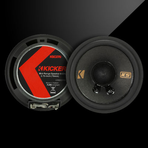 Front and rear view of KICKER KSC270 2.75-inch midrange/tweeter speakers with black frames and red label.