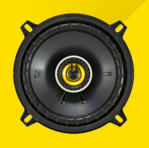 KICKER CS-Series coaxial speaker with polypropylene cone and zero-protrusion PEI tweeter.