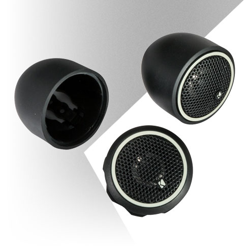 Close-up of KICKER CS-Series tweeters with black mesh grills and multiple mounting options.