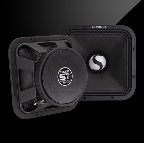 Pair of KICKER ST-Series square midrange speakers, front and rear view, with black frames and logo center caps.