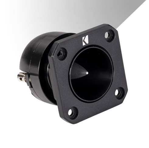 Angled view of KICKER ST-Series bullet tweeter with black mounting plate and flared cone.