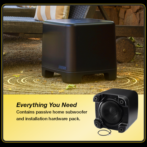 KICKER OA Series outdoor subwoofer displayed on sand near palm trees. Image text reads 'Everything You Need – Contains passive home subwoofer and installation hardware pack.'