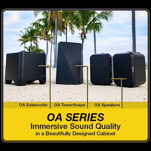 KICKER OA Series outdoor speakers displayed on a beach, including an OA subwoofer, TowerScape speaker, and a pair of OA speakers. Image text reads 'OA Series – Immersive Sound Quality in a Beautifully Designed Cabinet.'